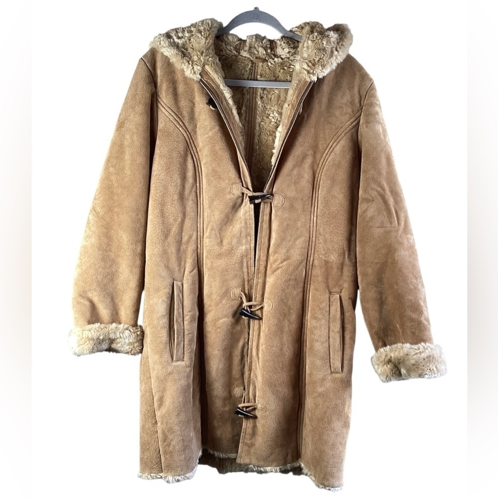 Wilsons Leather Tan Teddy Jacket with Shearling Trim Suede leather coat